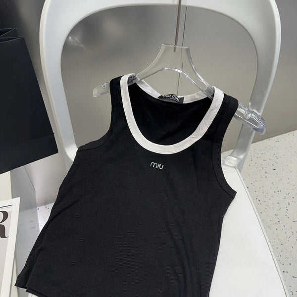 TANK TOP 615176 IN BLACK COTTON RIBBED WHITE TRIM