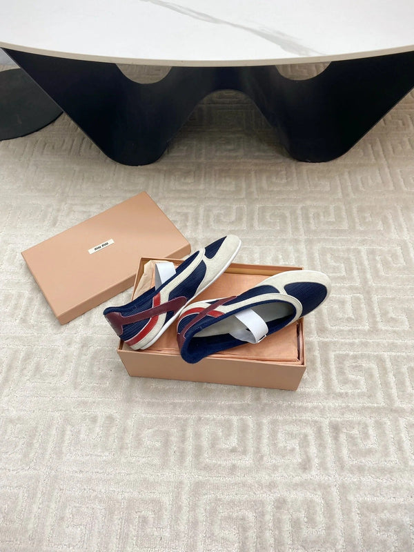 BALLET FLAT SHOES IN NAVY MESH AND WHITE SUEDE