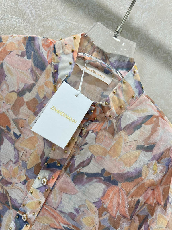ENSEMBLE HAUT À COL MONTANT CLOUTÉ IMPRIMÉ ZIMMER ET JUPE ÉVASÉE TAILLE HAUTE