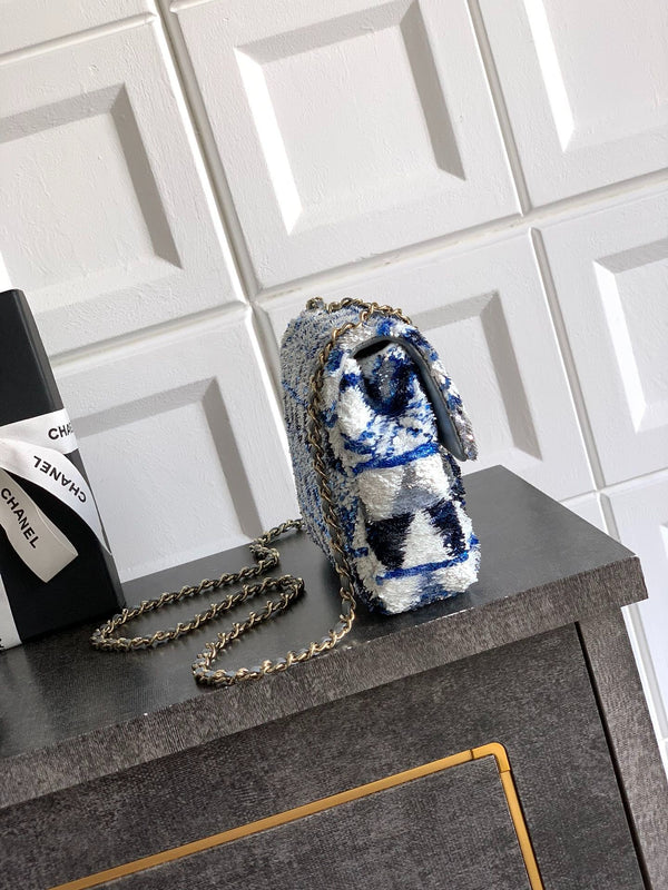 Chanel 2026 Flap Bag 20cm Blue mix Colors Sequin Leather