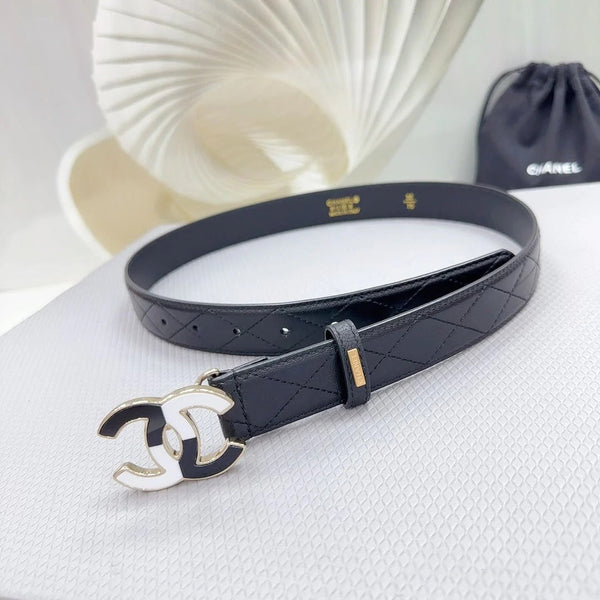 CC BELT 30 MM BLACK CALFSKIN WITH BLACK MIX WHITE LOGO