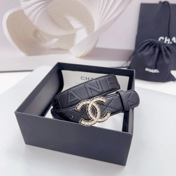 CC 30MM BELT IN BLACK EMBROIDERED CALFSKIN GOLD HARDWARE