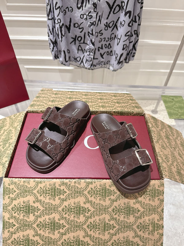 SANDALS IN NAVY BROWN SUEDE EMBOSSED LOGO SILVER HARDWARE