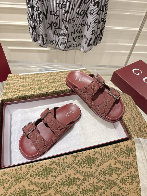 SANDALS IN NAVY RED SUEDE EMBOSSED LOGO SILVER HARDWARE