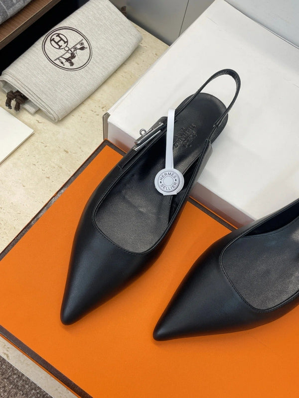 HM 26ss Ballerine à bride arrière en cuir de veau noir 607276