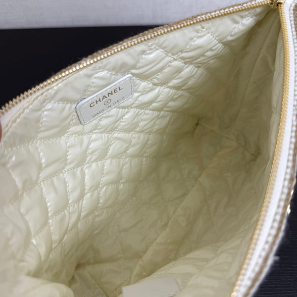 Chanel 26 Woven Clutch 19 White Khaki Canvas