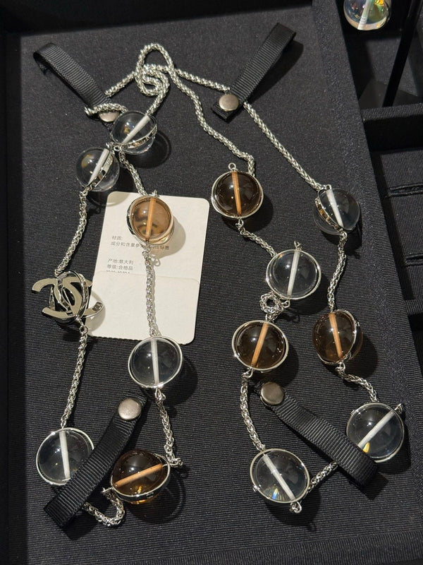 CC 2026 Transparent Crystal Ball Planet Silver Double C Long Necklace