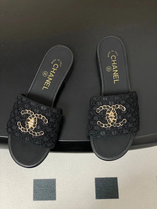 CC 26s Ballerines Plates Tissu Noir Peau de Mouton 649492