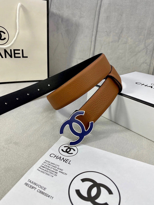 CC 30MM BELT IN BRONZE BROWN GRAINED CALFSKIN WITH NAVY BLUE METAL LOGO