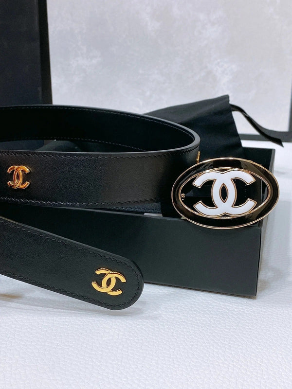 CC 30MM BELT IN BLACK EMBROIDERED CALFSKIN WHITE MIX BLACK METAL LOGO GOLD HARDWARE