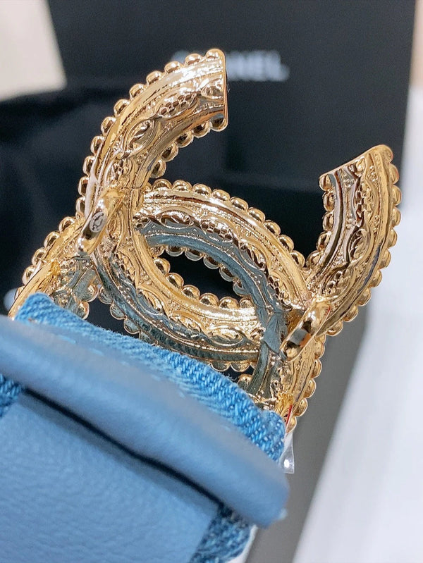 CINTURA ELASTICA DOPPIA C 30MM IN DENIM BLU FIBBIA ORO CRISTALLO RILIEVO