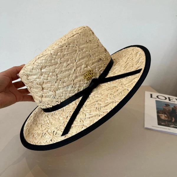 MM STRAW HAT IN BEIGE RAFFIA MIX BLACK FABRIC TRIM