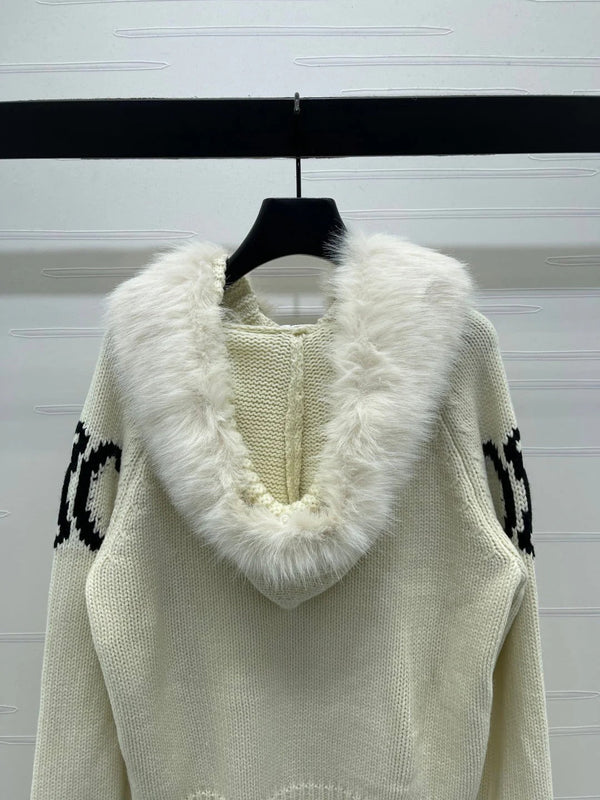 CELINE 25S HOODED CARDIGAN WITH FUR TRIM 0089