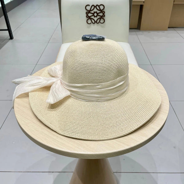 MM WIDE-BRIM BEACH HAT IN LIGHT BEIGE WITH FABRIC BOW