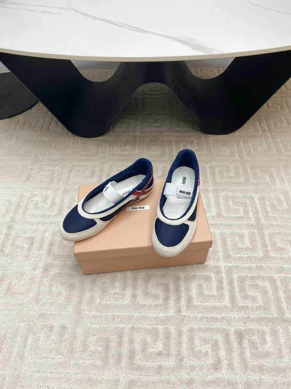 BALLET FLAT SHOES IN NAVY MESH AND WHITE SUEDE