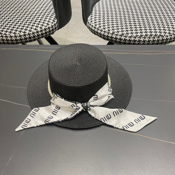 CAPPELLO DI PAGLIA A TESA PICCOLA MM IN NERO E PERLA DECORATO