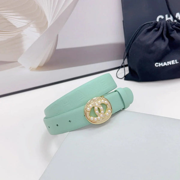 CC 30MM BELT IN GREEN MINT CALFSKIN GOLD HARDWARE ATTACH PEARLS