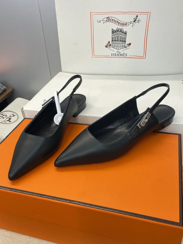 HM 26ss Ballerine à bride arrière en cuir de veau noir 607276