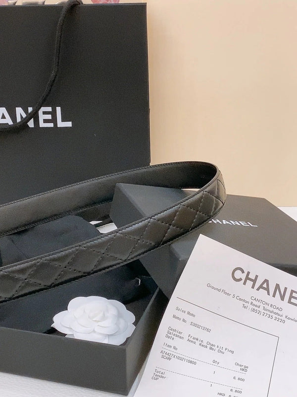 DOUBLE C BELT 30MM IN BLACK QUILTED LAMBSKIN WITH GOLD RESIN BUCKLE ENGRAVED LOGO