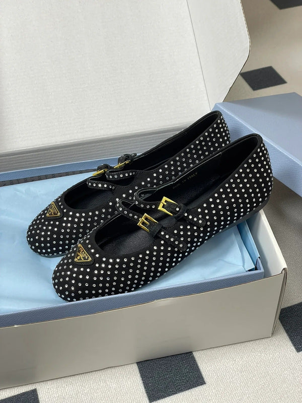 Prada 2025 Triangle Logo Rhinestone Ballet Flat Black Suede Sheepskin 247822