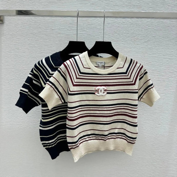 Chanel 2026 Pull Manches Courtes Laine Polyester Crème et Bleu Marine