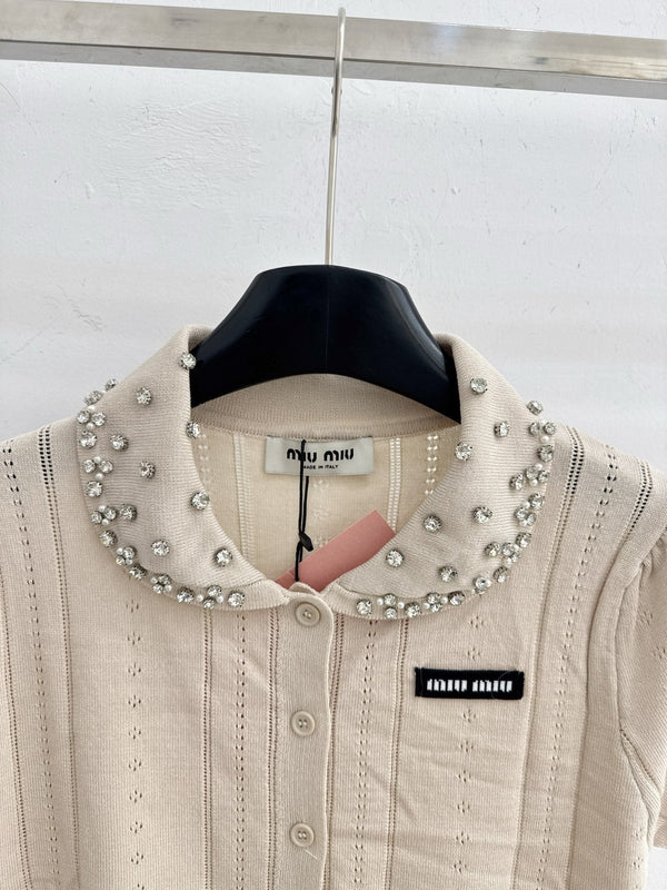 Miu 2026 Shirt With Rhinestone Embellishments Collar Wool 521193