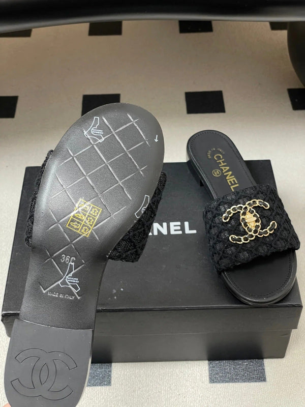 CC 26s Ballerines Plates Tissu Noir Peau de Mouton 649492