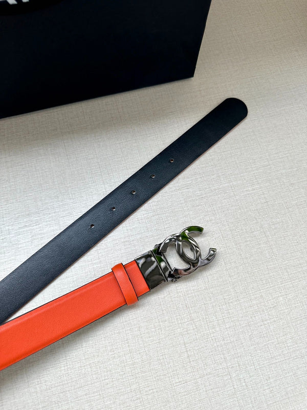 CC 30MM BELT IN FIRE ORANGE AND BLACK CALFSKIN WITH SILVER HARDWARE