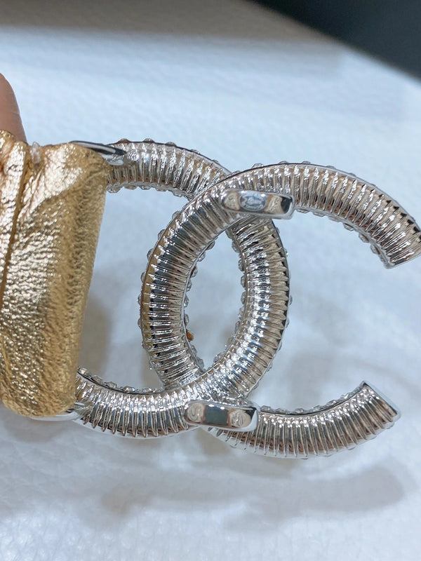 CC ELASTIC BELT 30MM IN GOLD CALFSKIN SILVER HARDWARE WITH RHINSTONES