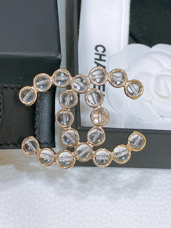 CC BELT 30 MM IN BLACK CALFSKIN PEARL LOGO WITH GOLD HARDWARE