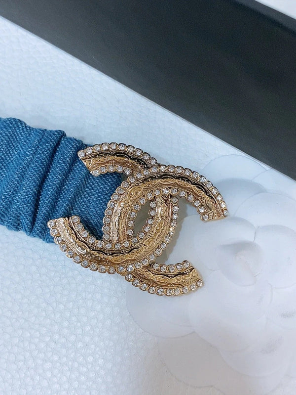 CINTURA ELASTICA DOPPIA C 30MM IN DENIM BLU FIBBIA ORO CRISTALLO RILIEVO