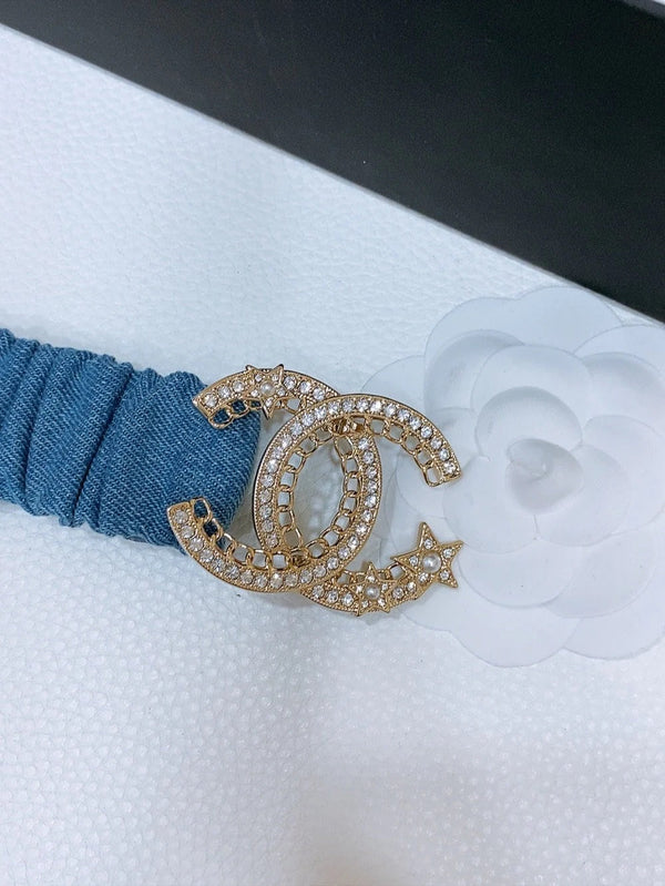 CINTURA ELASTICA DOPPIA C 30 MM IN DENIM BLU FIBBIA DECORATA CON STELLA DI CRISTALLI ORO