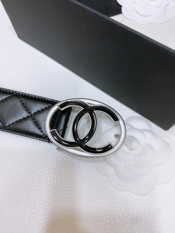 DOUBLE C BELT 38MM IN BLACK QUILTED LAMBSKIN SILVER OVAL BUCKLE CENTERED BLACK LOGO
