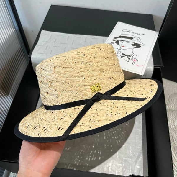 MM STRAW HAT IN BEIGE RAFFIA MIX BLACK FABRIC TRIM