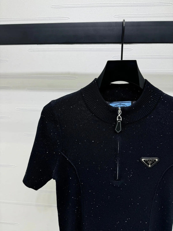 PRADA MOCK NECK SHORT-SLEEVE KNIT TOP BLACK 274816