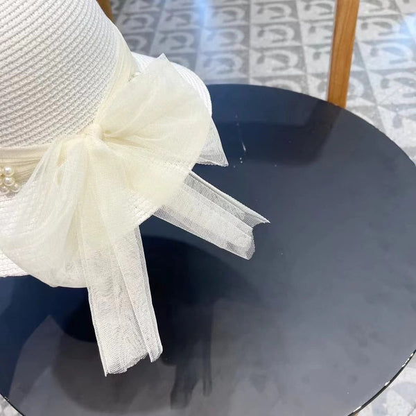 STRAW HAT BOW WITH PEARL WHITE 672700