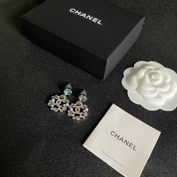 DOUBLE C STUD EARRINGS IN SILVER METAL WHITE PEARL GOLD AND BLUE STONES