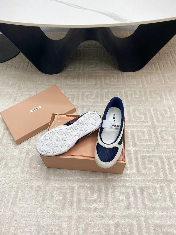 BALLET FLAT SHOES IN NAVY MESH AND WHITE SUEDE