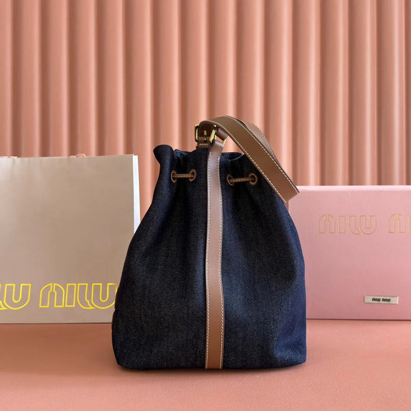 BUCKET BAG 29 DENIM BLUE AND BRANDY IN CANVAS