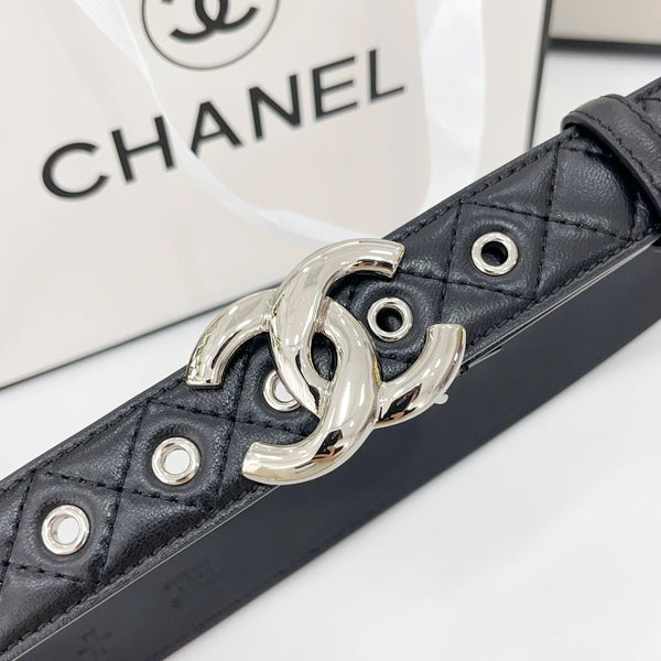 DOUBLE C BELT 30MM IN BLACK QUILTED LEATHER WITH SILVER BUCKLE