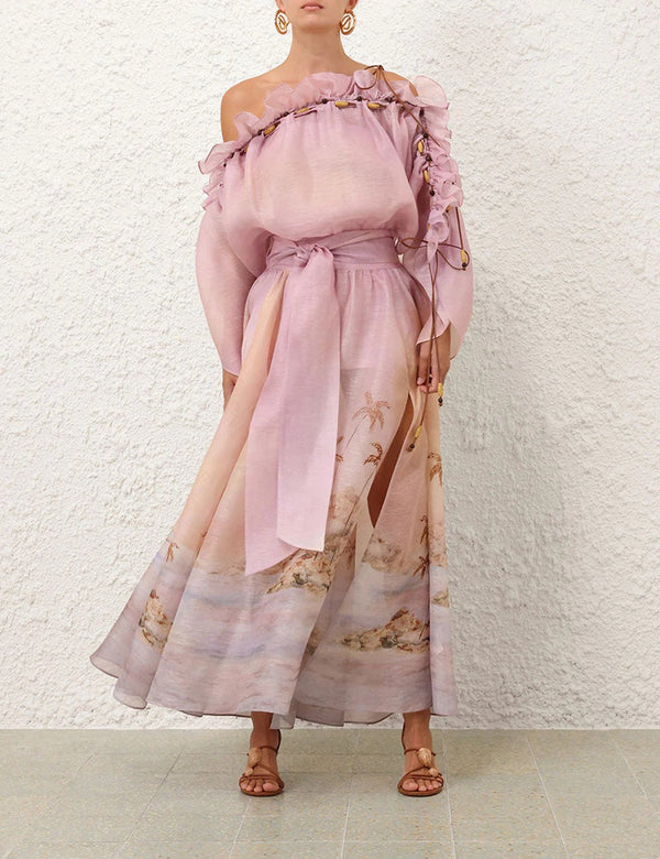 ROBE MIDI EN SOIE ZIMMER BLEU-VERT PASTEL ET VIOLET CLAIR