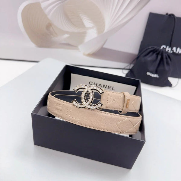 CC 30MM BELT IN BEIGE CREAM EMBROIDERED CALFSKIN METAL HARDWARE