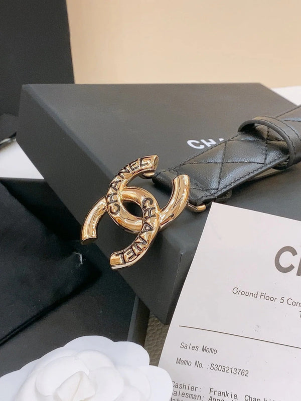 DOUBLE C BELT 30MM IN BLACK QUILTED LAMBSKIN WITH GOLD RESIN BUCKLE ENGRAVED LOGO