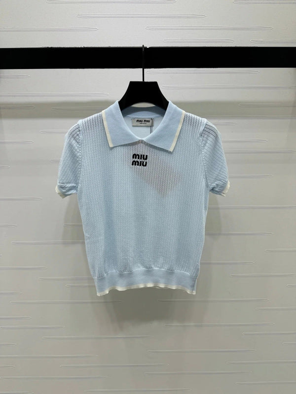 Miu 2026 Hollow-out Knitted Collared Short-sleeved Top Wool 385409