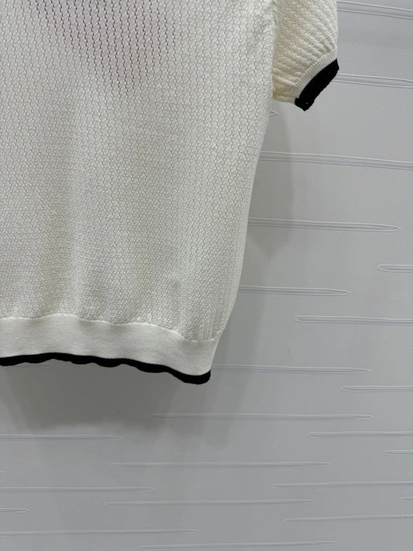 Miu 2026 Hollow-out Knitted Collared Short-sleeved Top Wool 385409