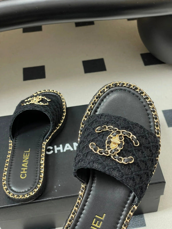 CC 26s Ballerines Plates Tissu Noir Or Peau de Mouton 649487