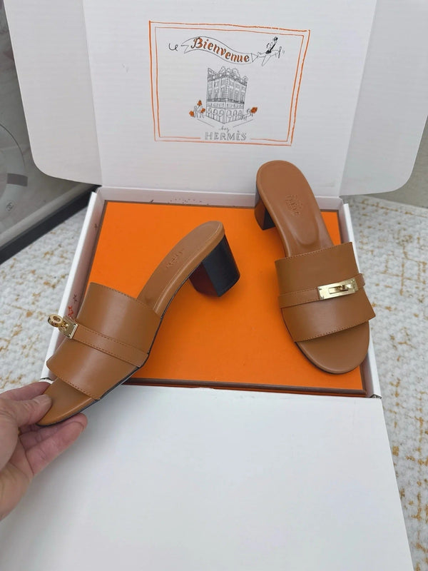 HM 26ss Oasis Sandals 50 Brown Sheepskin Gold Buckle 625162