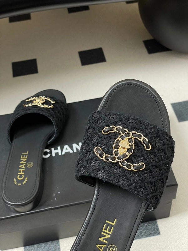 CC 26s Ballerines Plates Tissu Noir Peau de Mouton 649492