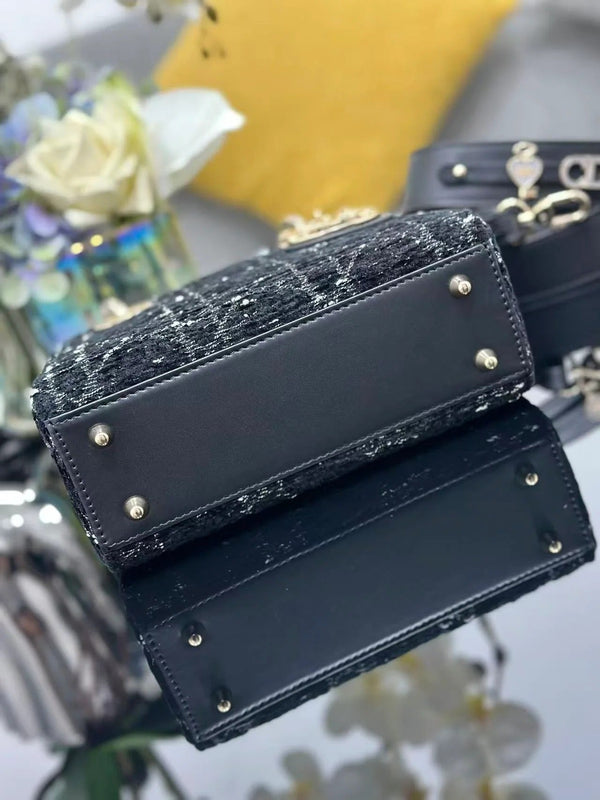 Dior 2026 Lady Dior Bag 20cm Black Gold Tweed Leather
