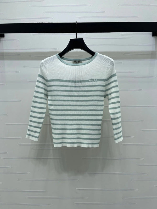 Miumiu 2026 Striped Crew Neck Knit Long Sleeve Wool